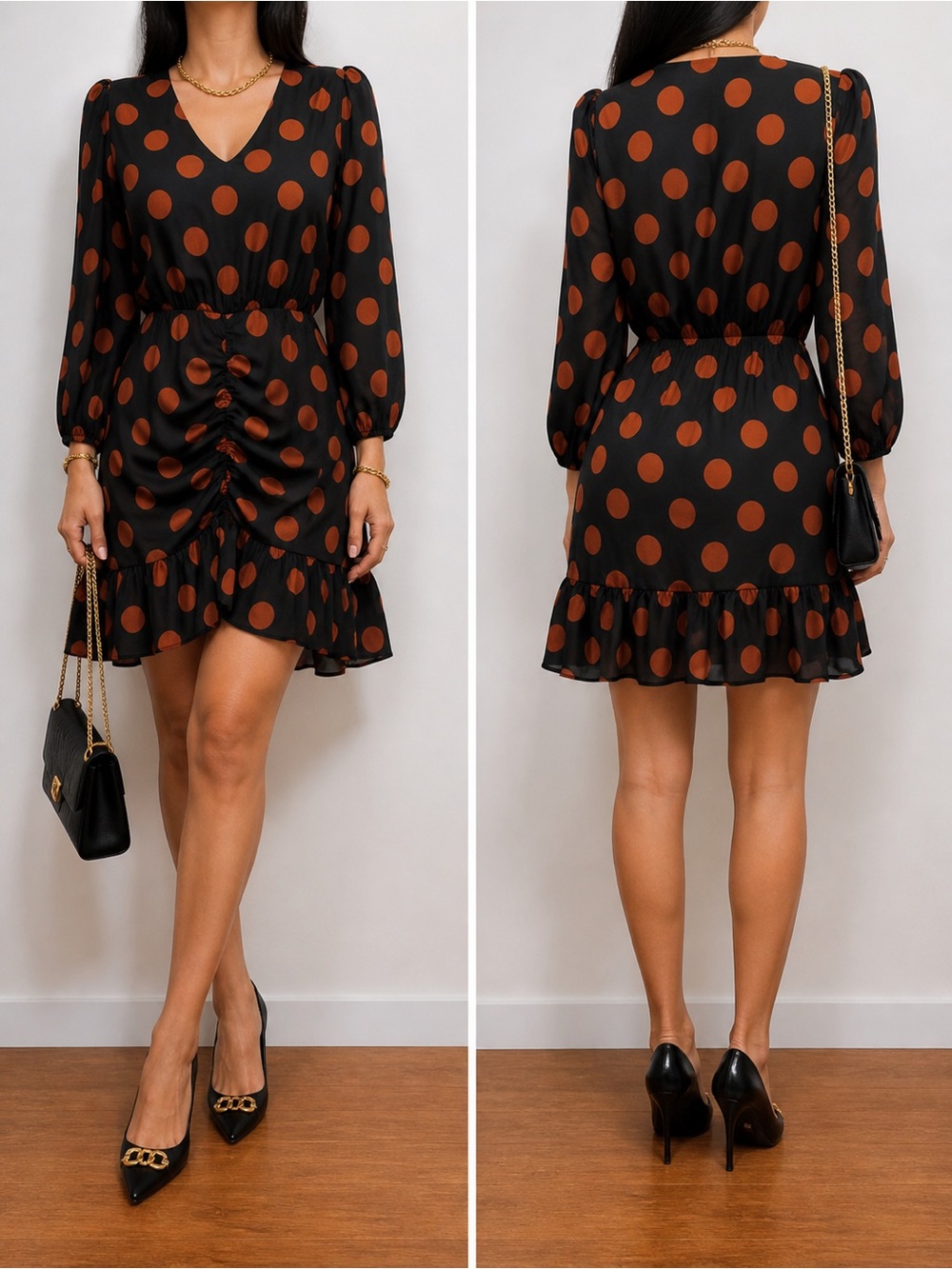 Sienna Sky Black Orange Polka Dot Dress Ruched Front Ruffle Sleeve Size XS